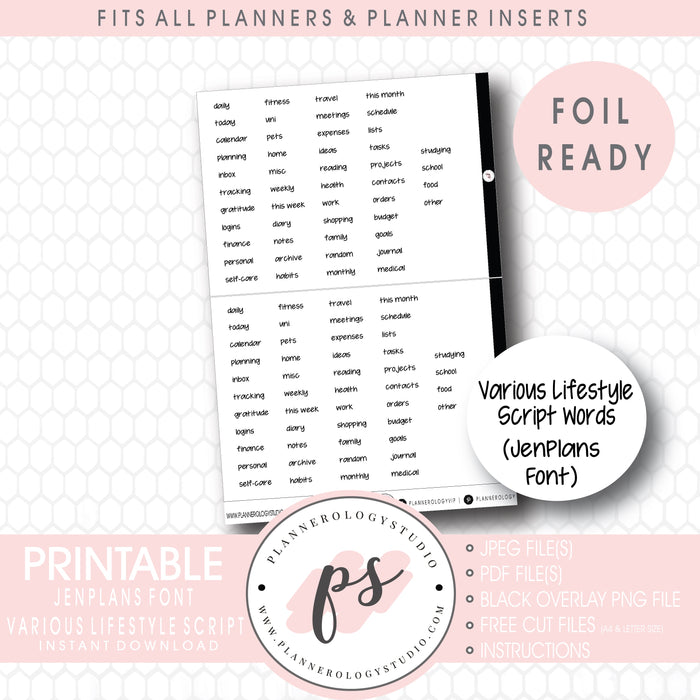 JenPlans Font Various Lifestyle Words Script Digital Printable Planner Stickers (Foil Ready)