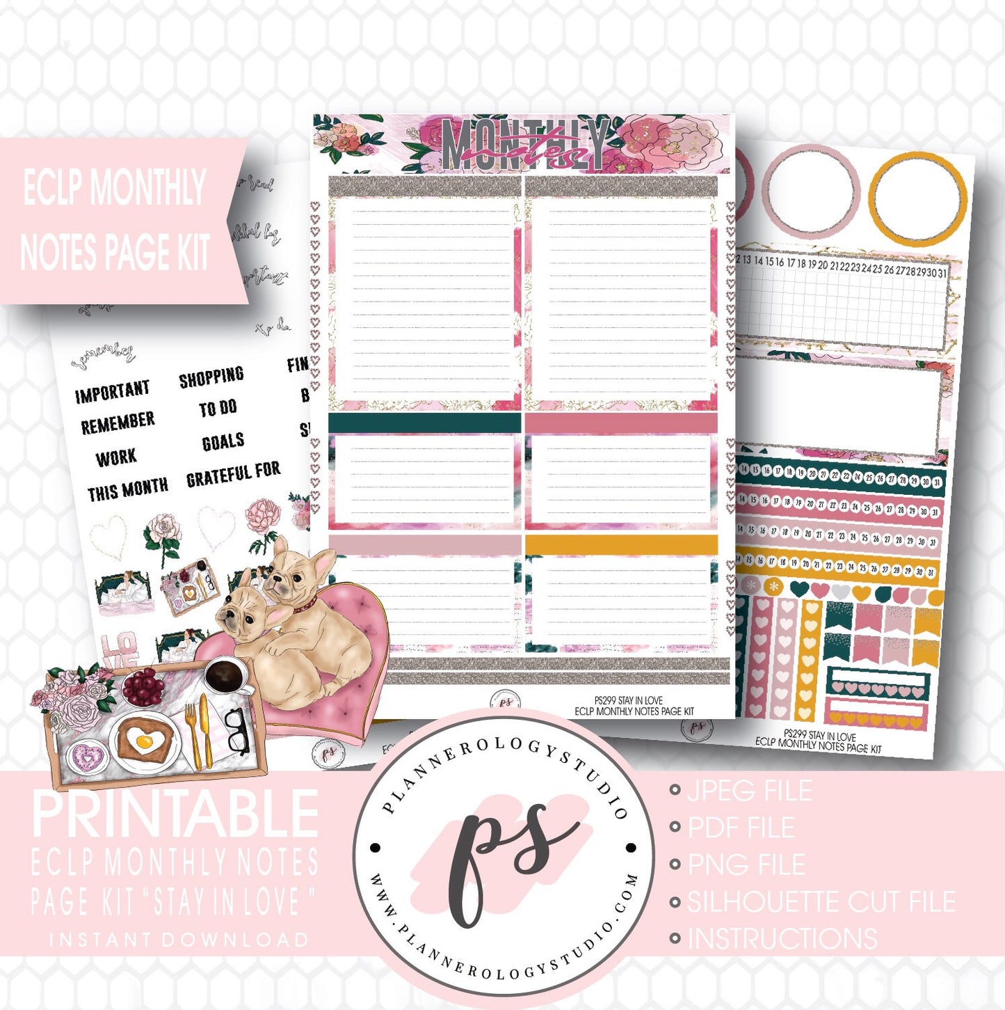 Stay in Love Valentines Day Theme Monthly Notes Page Kit Digital Printable Planner Stickers (for use with ECLP) - Plannerologystudio